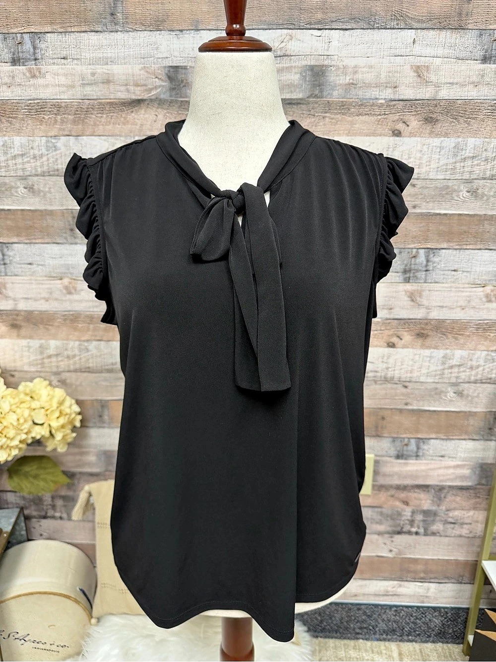 Calvin Klein Tie Neck Ruffle Sleeve Blouse in Black XL NWT